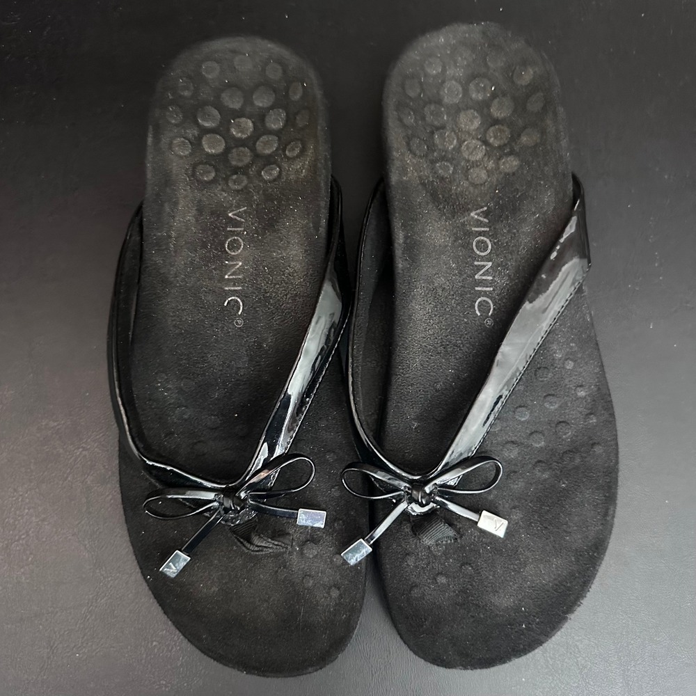Vionic Bella II Black Patent Bow Flip Flop Sandals Orthotic Womens Size 9 - Picture 5 of 8